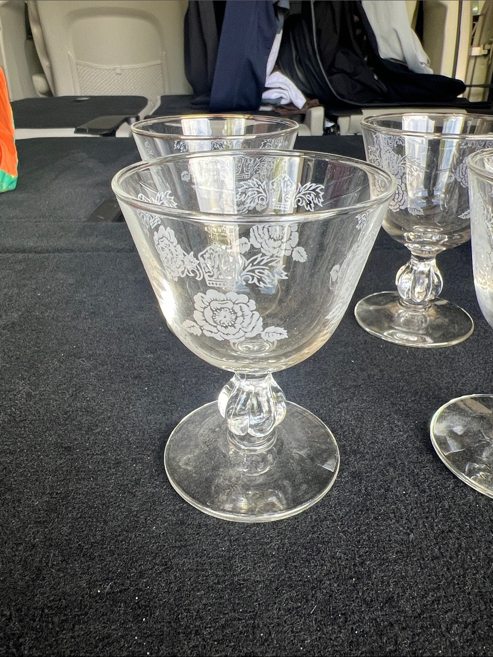 Libbey White Crown Rose  Queen Esther Etched Floral cordial Sherry glasses (4)